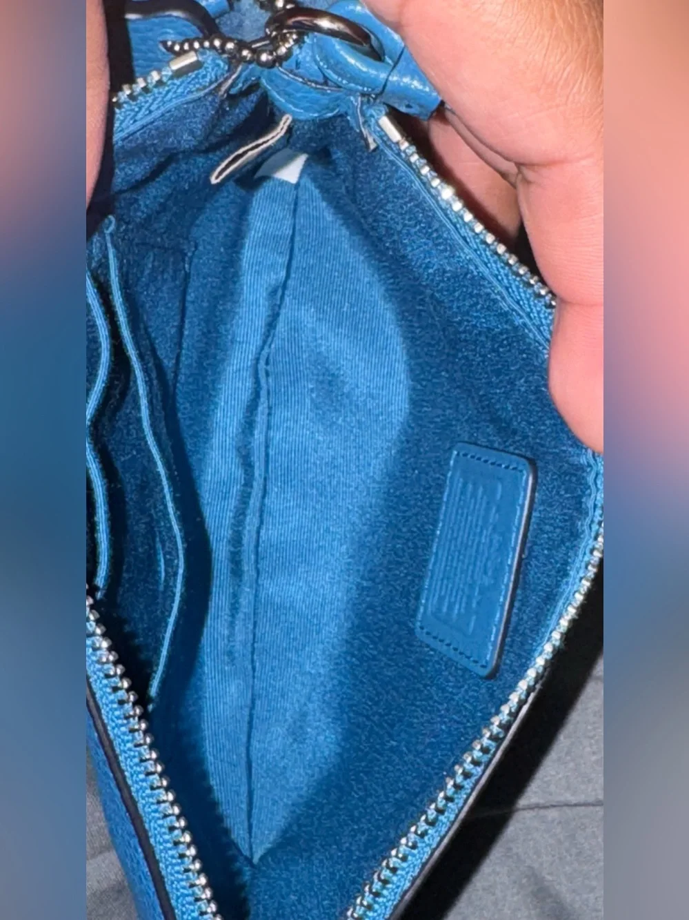 Coach Teal-Blue Faux-Shearling Leather Wristlet with Pom Charm